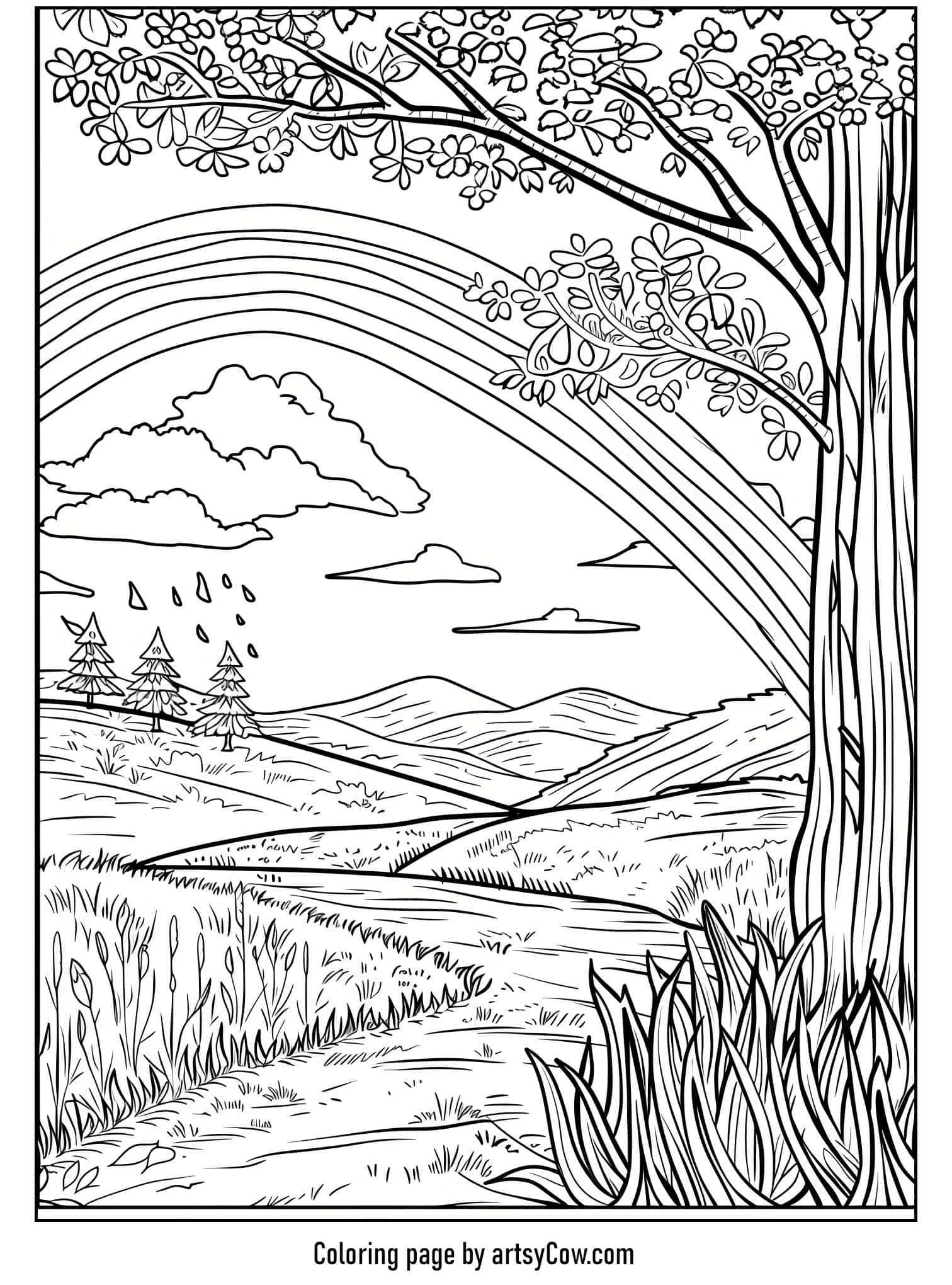a scenic view with a large tree, multiple clouds, raindrops, and a rainbow stretching across rolling hills